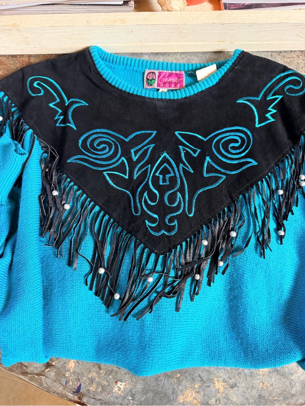 cameo Turquoise Knit Sweater with Black Suede Fringe Yoke